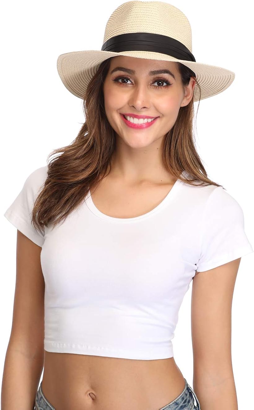 Lanzom Women Wide Brim Straw Panama Roll up Hat Fedora Beach Sun Hat UPF50+ (Khaki) One Size at  Women’s Clothing store