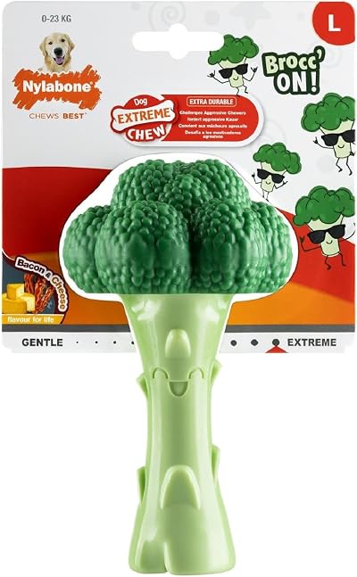 Nylabone Extreme Chewers Broccoli Chew Toy Large - Durable Dental Clean Bacon