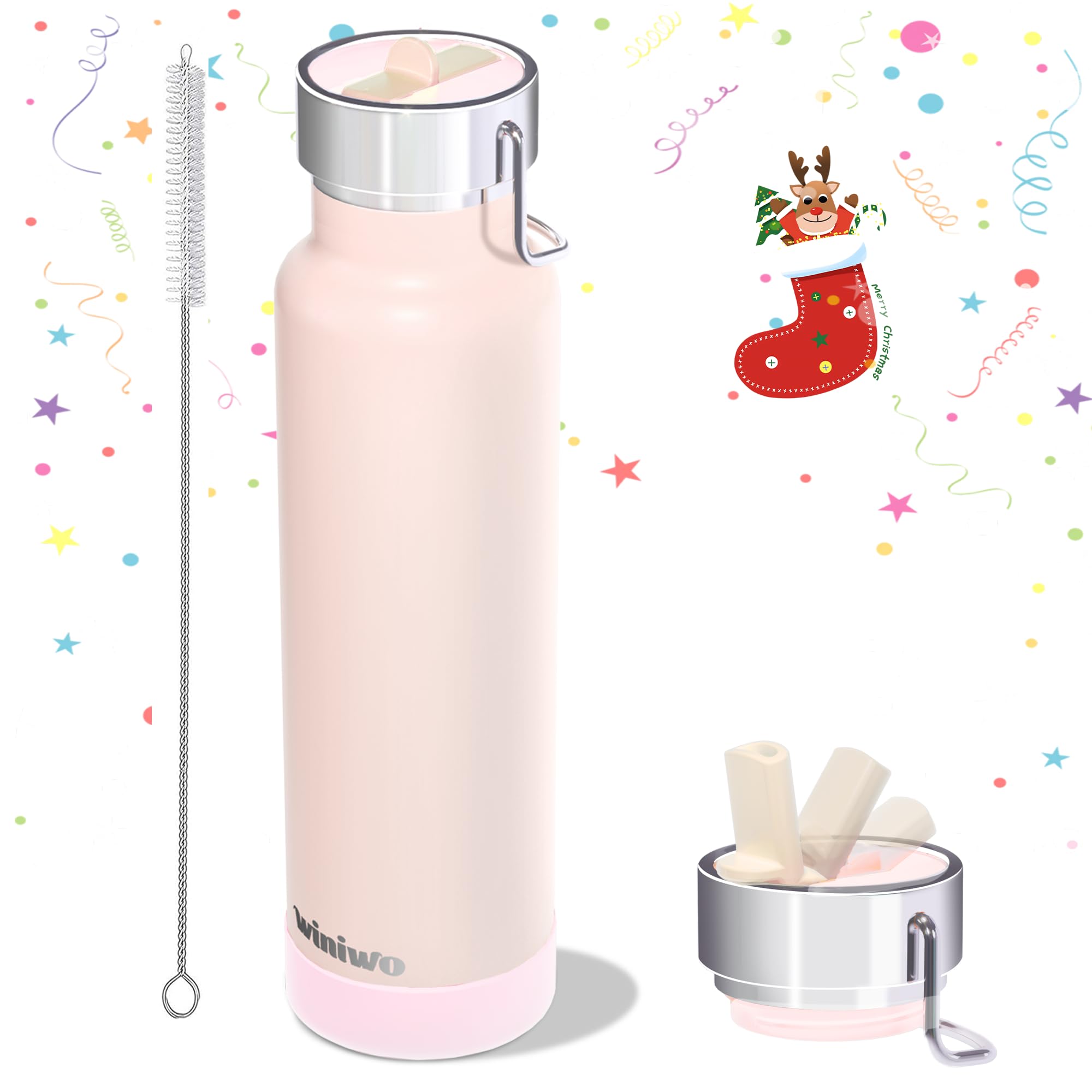 View 1 of 24 oz Insulated Slim Water Bottle with Flip Straw and Handle, Stainless Steel Water Bottles, Fits Car CupHolder, 100% Leak Proof, Keeps Drink Cold Up to 24 Hours, Sports/Gift (Light Pink)