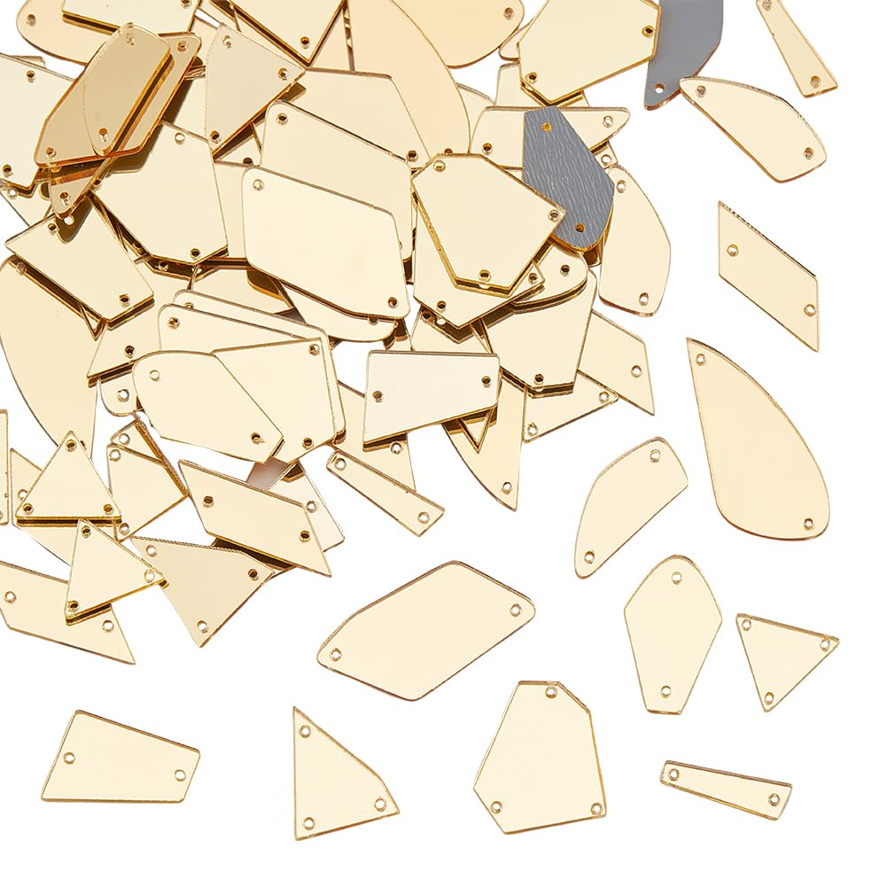 PH PandaHall 180pcs Golden Sew on Mirror Beads Irregular Mirrored Rhinestones Stone Sew on Mirror Pieces with Holes for DIY Costume Dance Party Evening Wine Ball Dresses Shoes Bags Dress Decoration