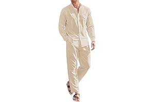 COOFANDY Linen Sets For Men 2 Piece Button Down Shirt Long Sleeve And Casual Beach Drawstring Waist Pants Summer Outfits