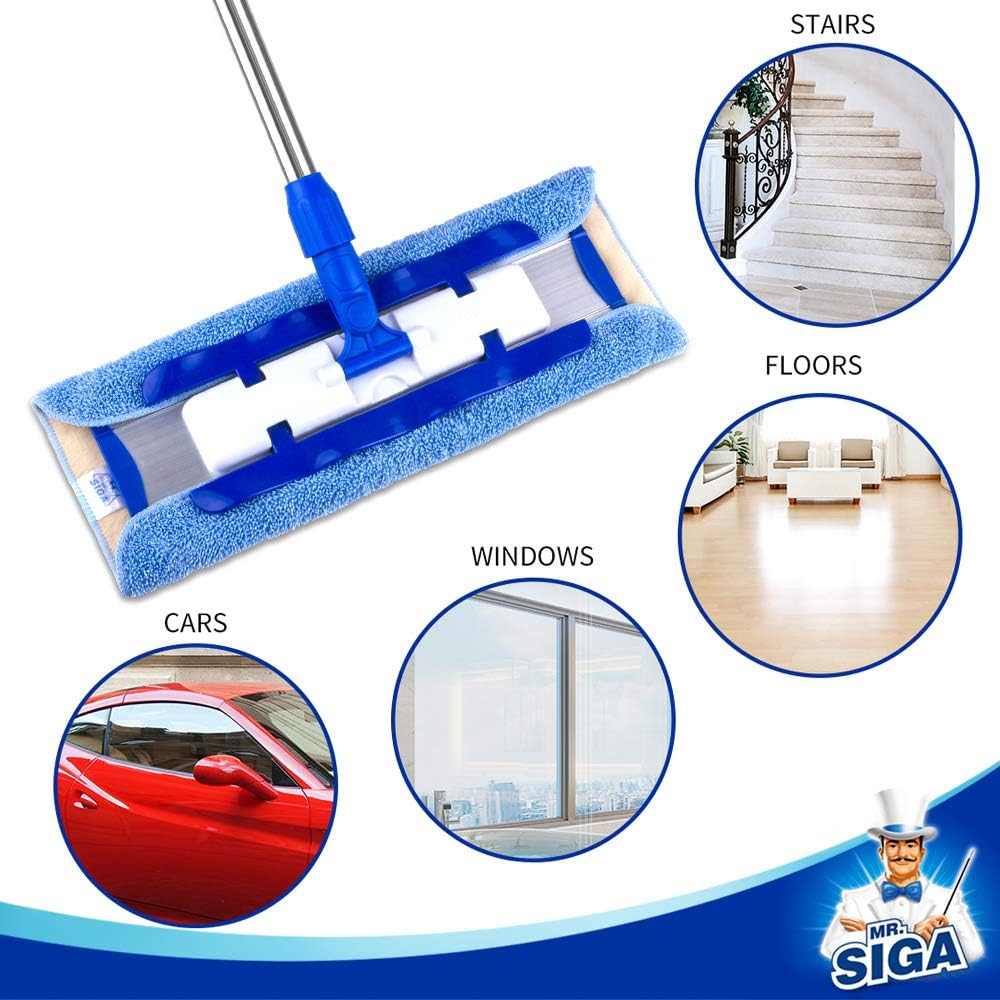 MR.SIGA Professional Microfiber Mop for Hardwood, Laminate, Tile Floor Cleaning, Stainless Steel Handle - 3 Reusable Flat Mop Pads and 1 Dirt Removal Scrubber Included: Home & Kitchen