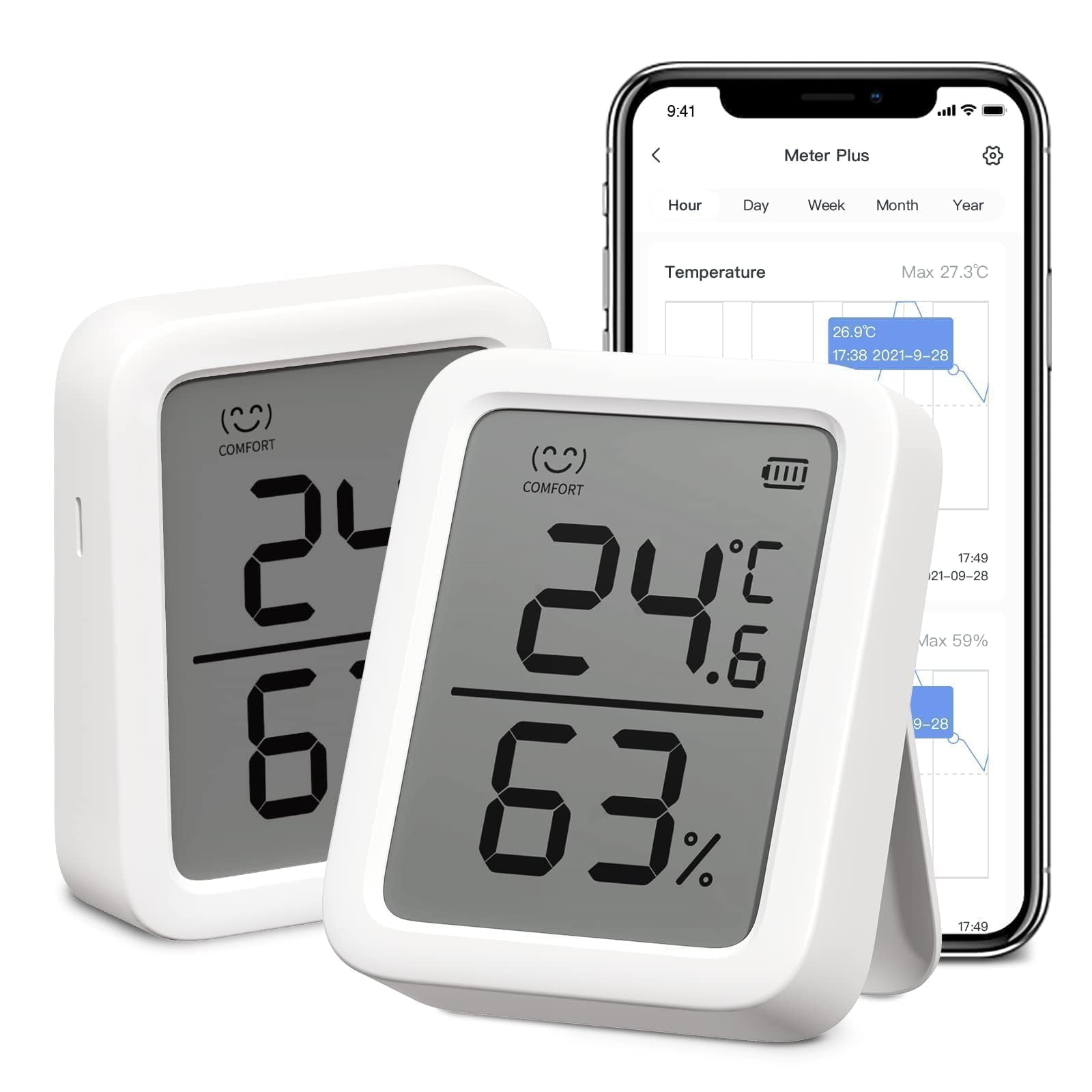 Photo 1 of SwitchBot Thermometer Hygrometer, Bluetooth Indoor Humidity Meter and Temperature Sensor with App Control, Large LCD Display, Notification Alerts, Data Storage Export, Remote Monitor for Home (2 Pack)