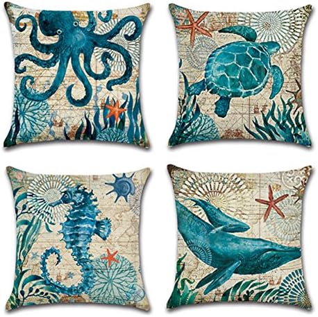 Bhery Ocean Theme Cotton Linen Home Decorative Throw Pillow Case Cushion Cover 18" x 18" Set of 4 (Marine Life Style 1)