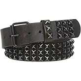 Snap On 1 3/4" Three Row Punk Rock Star Distressed Black Studded Leather Belt