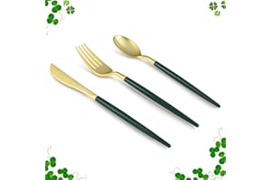 Bestluck 75 PCS Green Gold Plastic Utensils for 25 Guests, Gold Disposable Silverware with 25 Knives, 25 Spoons and 25 Forks, BPA Free, Ideal for Weddings, Birthdays & St. Patrick's Party