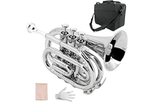 Yinfente B Flat Pocket Trumpet Bass Trumpet For Beginner,Student With Cleaning cloth, Silver plated 7C mouthpiece,hard case White gloves (Silver)