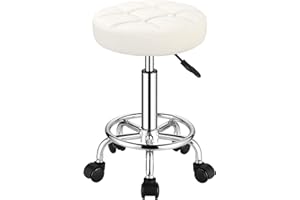 FNZIR Round Rolling Stools PU Leather Seat Height Adjustable Swivel Stool with Wheels White