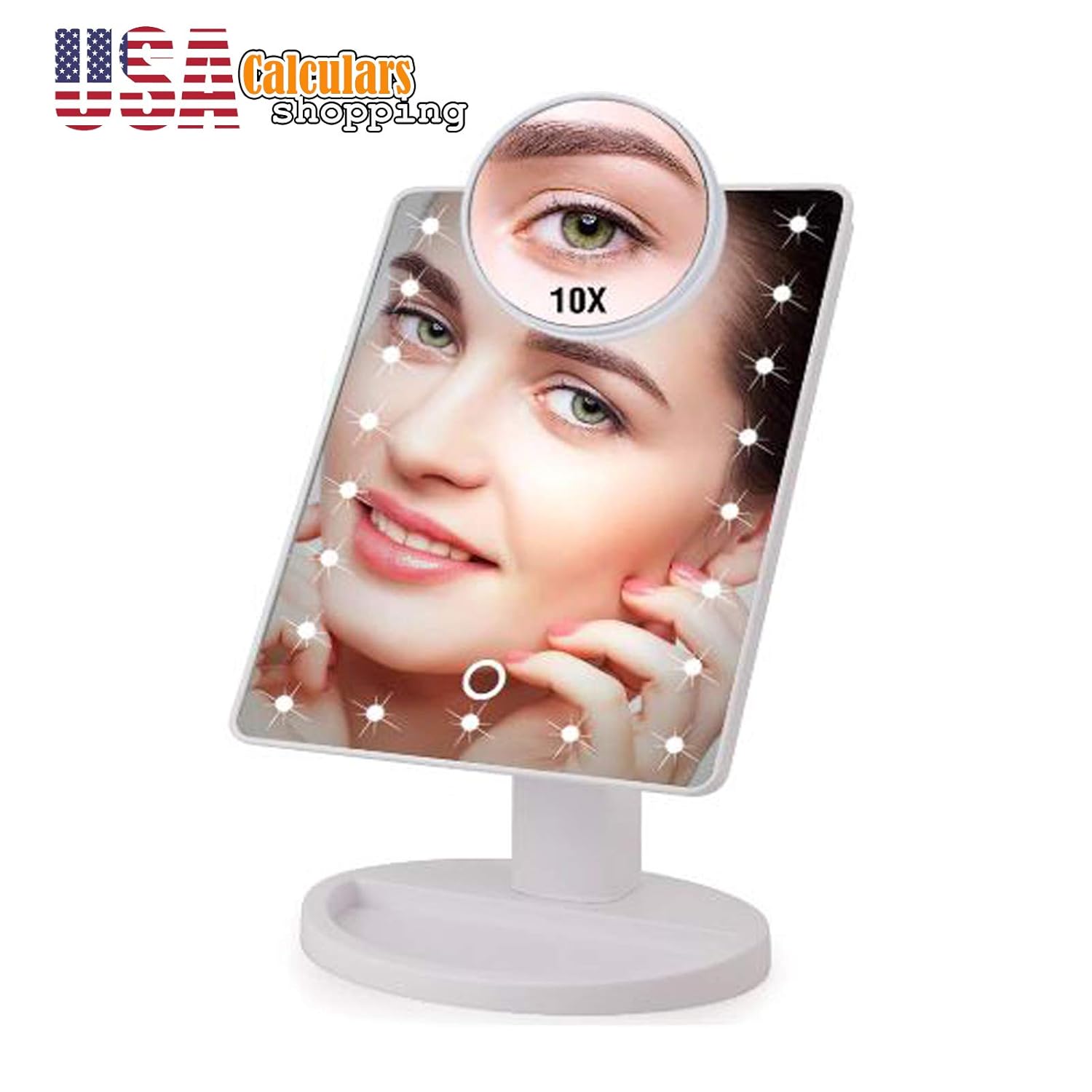 US seller 22 LED Lights Touch Screen Makeup Mirror Dropshipping Discounted Price 1X 10X Bright Adjustable USB Or Batteries Use 16 Lights