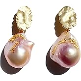 Drop Dangle Earrings Freshwater Cultured Baroque Pearls in White and Pink|18K Gold Plated|925 Sterling Silver|Hypoallergenic Jewelry Gift for Women