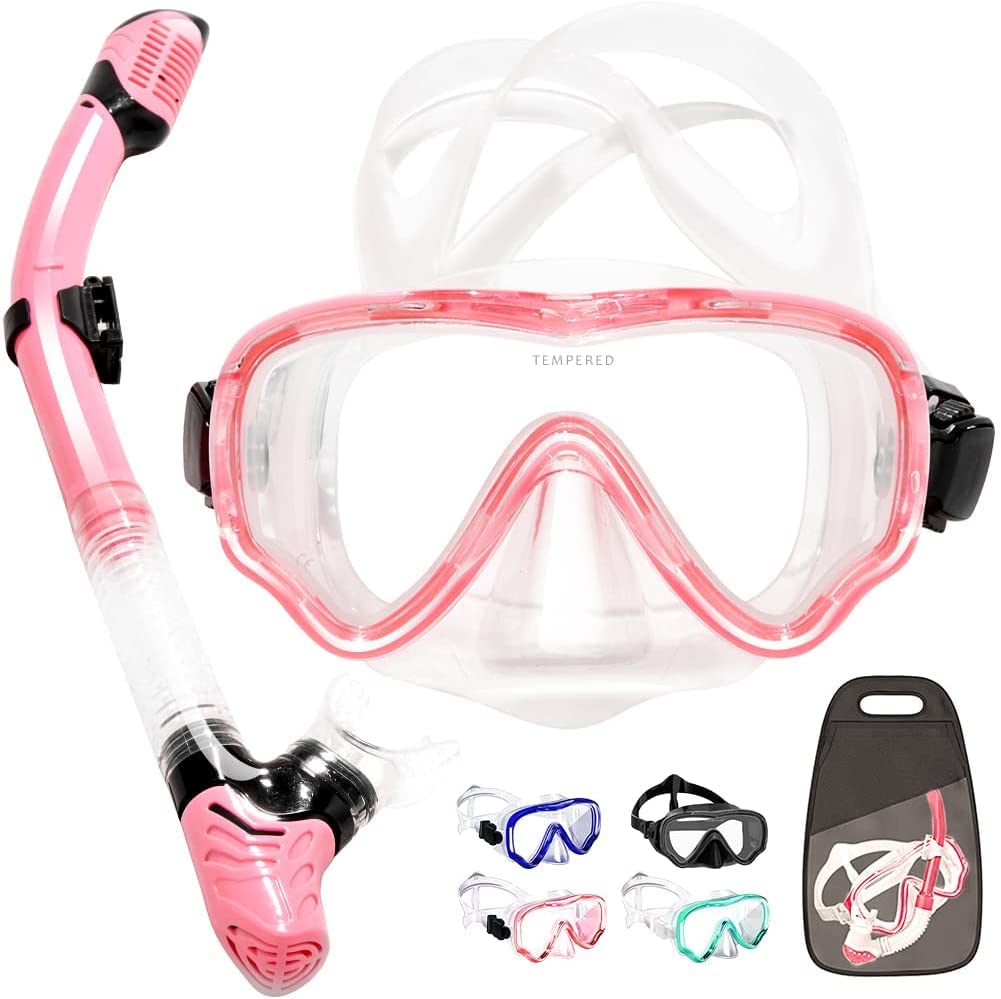 Tyuodna Dry Snorkel Set, 180° Wide View Diving Goggle, Anti-Fog Anti-Leak Tempered Glass Adult Safety Scuba Mask, Easy Breathing Face Mask Snorkelling Gear, Blue, Pink, Green, Black, 45 x 25x 7.5 cm