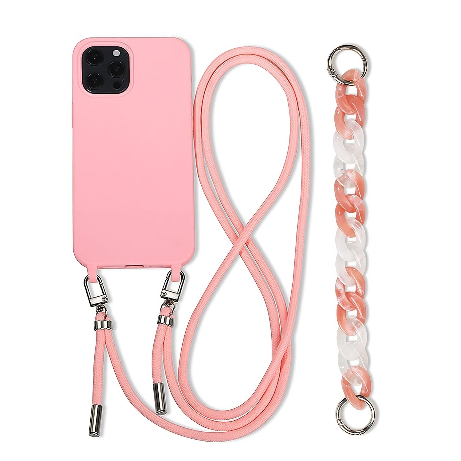 FIFTHAVE Mobile Phone Chain Mobile Phone Case iPhone 14 Case with Strap 6.1 Inch Necklace Case with Bracelet Protective Case iPhone 14 Lanyard Silicone Case Cord Shockproof TPU Bumper Cover Pink