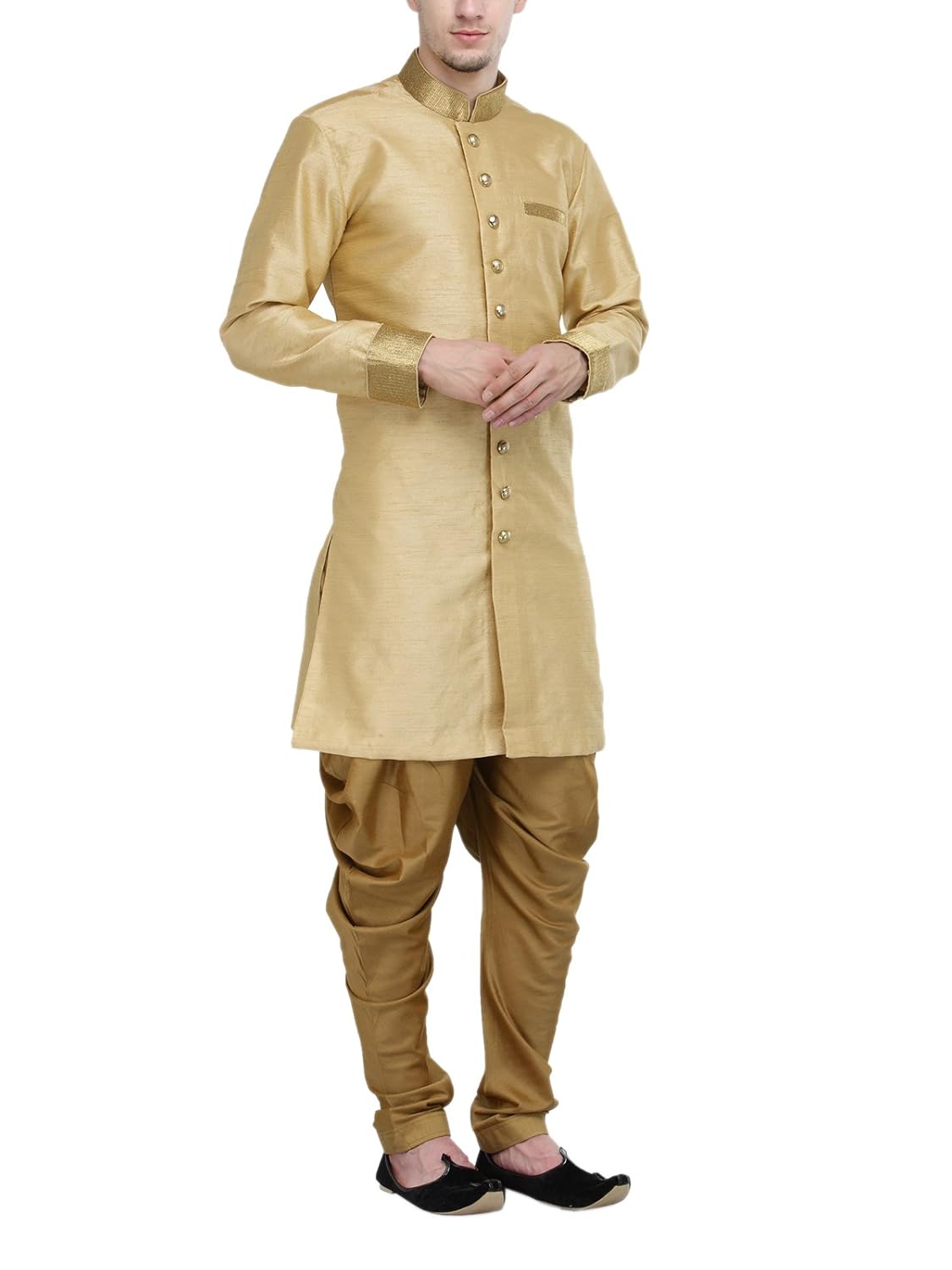 rg designers beige and gold plain sherwani for men