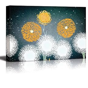 Illustration of Yellow and White Dandelions on a Teal Starry Background with a Vignette Around It - Canvas Art Home Art - 12x18 inches