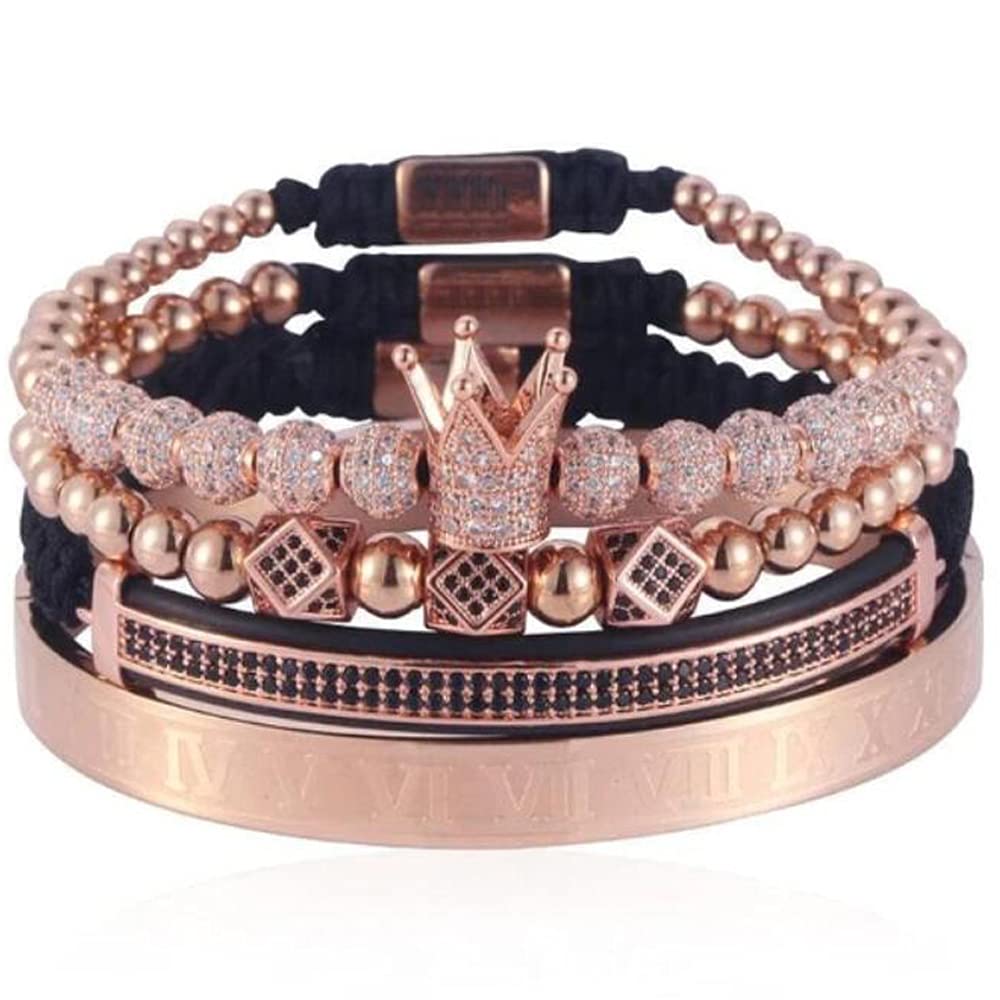 Cutenation Imperial Crown King 18K Gold CZ Beads Bracelet Luxury Charm Fashion Bangle for Men Women (A Rose Gold)
