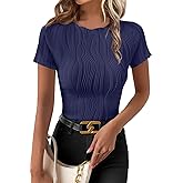 EVALESS Womens Short Sleeve Textured Tops Summer Casual Crewneck Solid Slim Fitted Basic T Shirts Tee Blouses