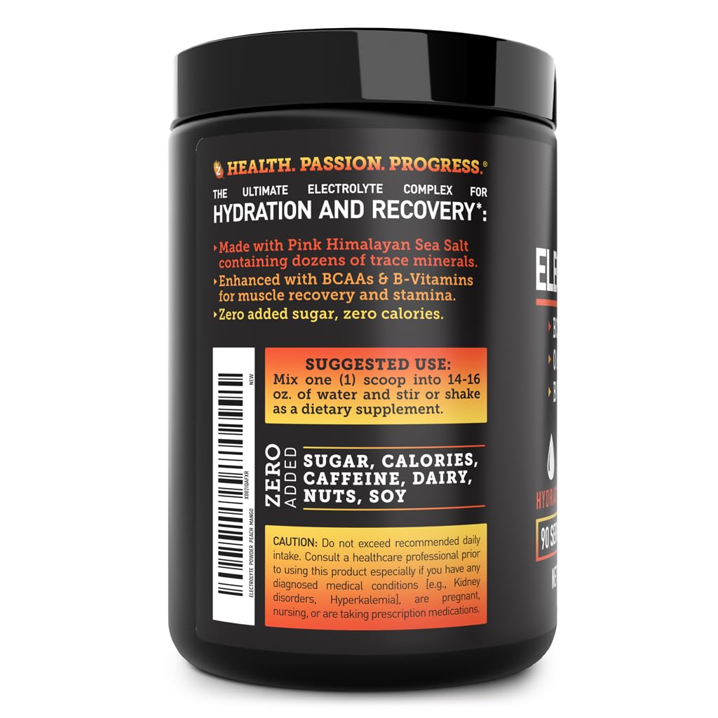Enhanced Electrolyte Powder (Peach Mango | 90ct.) w/ 0 Sugar +BCAAs +B-Vitamins Electrolyte Supplement w Potassium Zinc & Magnesium for Hydration - Keto Electrolytes