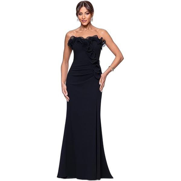 Amazon.com: Xscape Women's Long Off the Shoulder Ruffle Beaded Mesh Back  Dress, Black Nude Silver, 4 : Clothing, Shoes & Jewelry