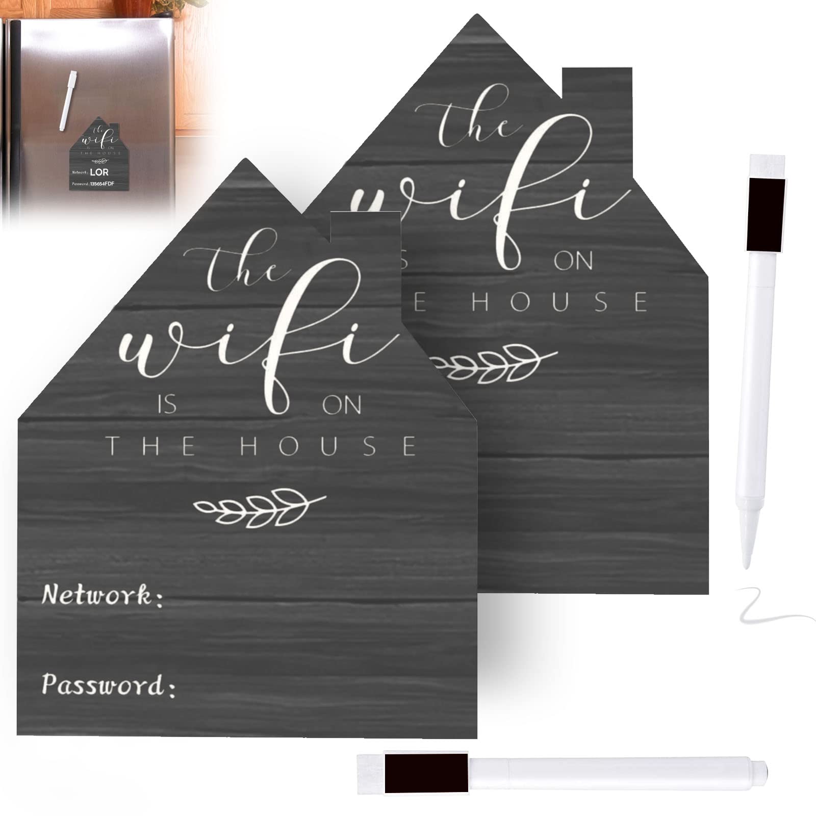 Photo 1 of 2 Pcs Black WiFi Password Sign for Home, Magnetic WiFi Password Board Chalkboard Style House Shape Sign with Board Erasable Pen for Guest Home Fridge Magnet Decor Whiteboards (5.5 x4.5 Inch)
