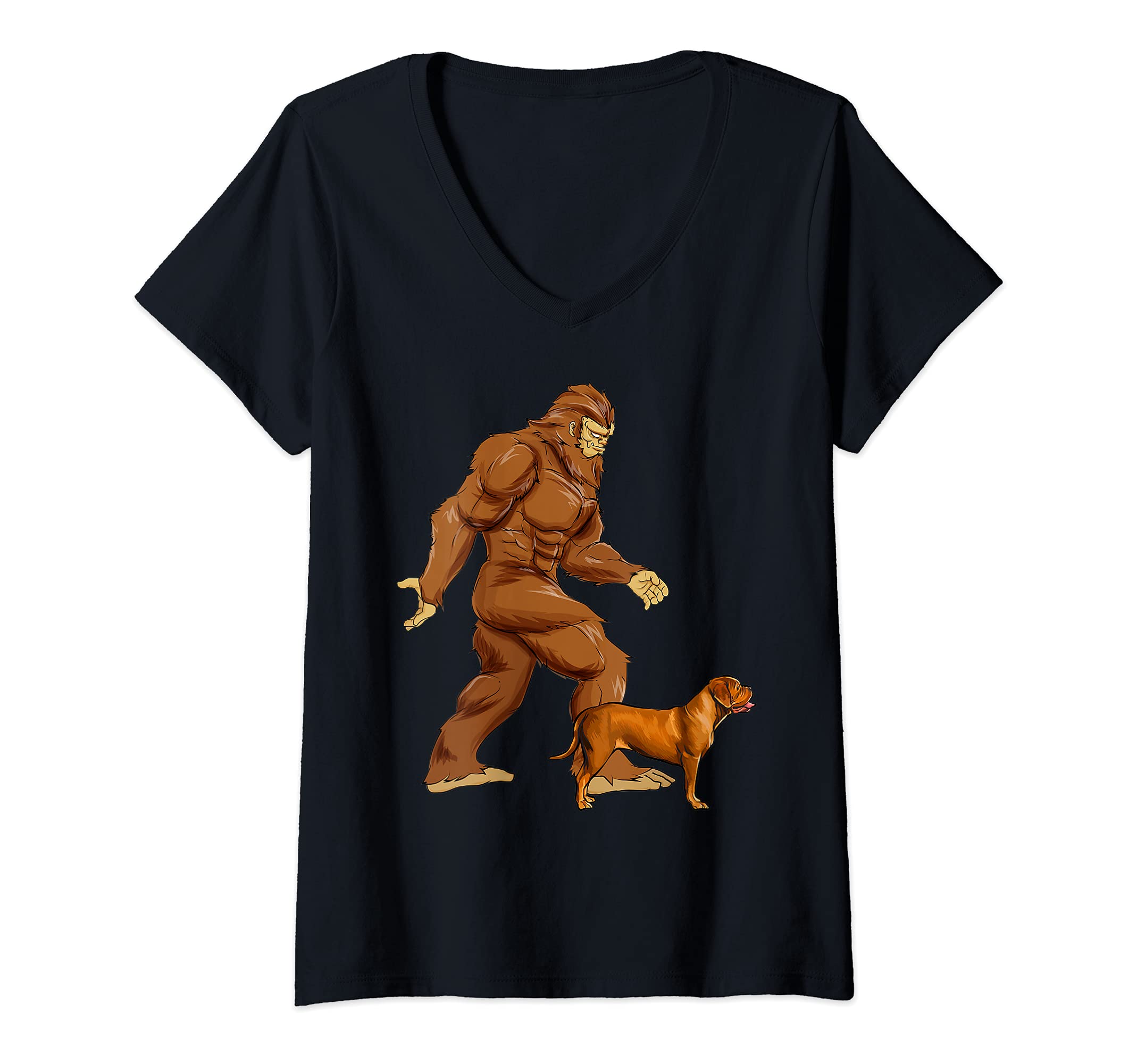 Womens Funny Bigfoot Walking Dogues de Bordeaux Sasquatch Dog V-Neck T-Shirt