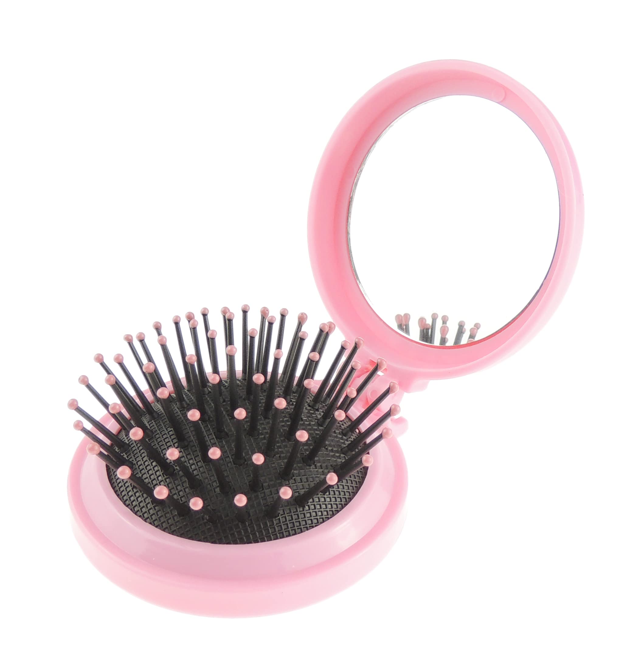 Glamour Girlz Womens Mens Girls Handbag Purse Pocket Car Travel Round Mini Compact Folding Collapsable Small Wet Dry Long Short Curly Detangling Hair Brush Comb Hairbursh Makeup Mirror … (Candy Pink) — image 1