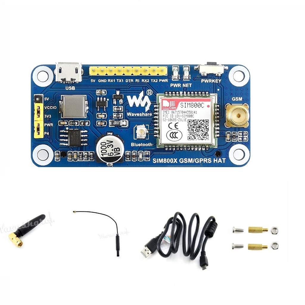 GSM/GPRS/Bluetooth HAT for Raspberry Pi 3B+/3B/2B/Zero/Zero W Based on SIM800C, Allow Pi to Send Messages, Connect to Wireless Internet, Transfer Data via Bluetooth, UART Interface