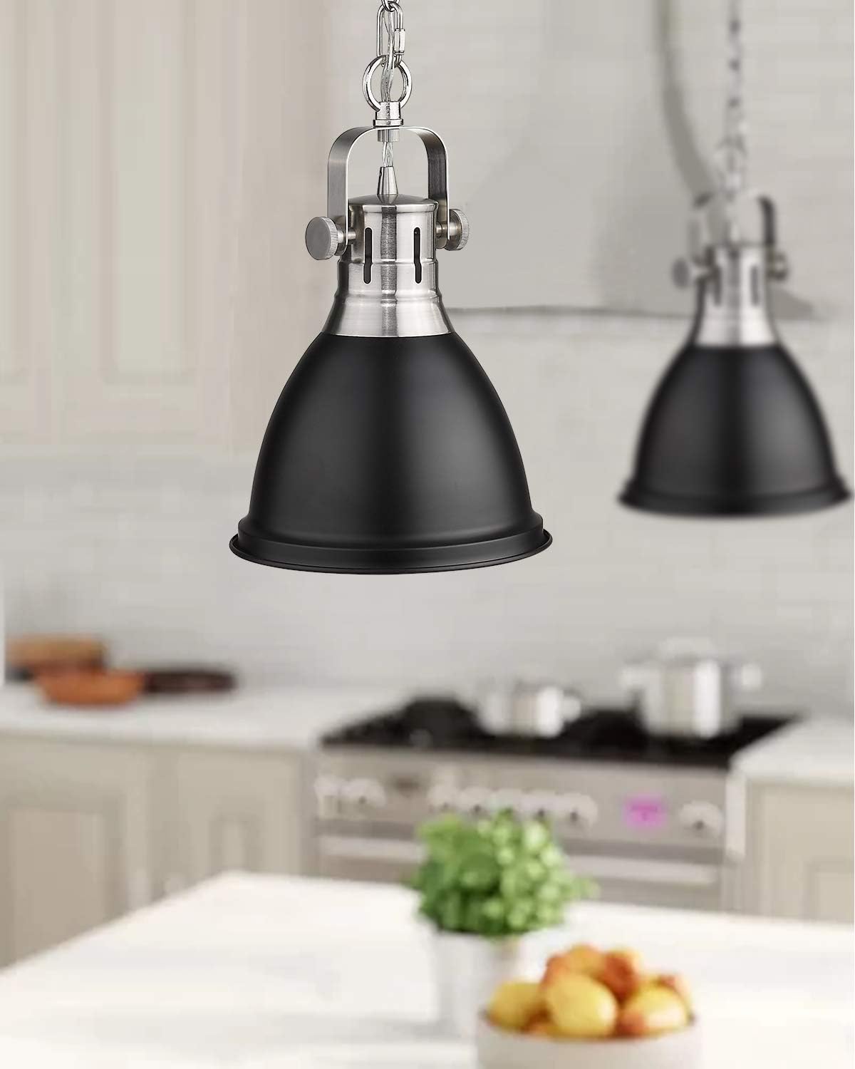 Emliviar 1-Light Industrial Pendant Light, 8 inch Modern Dome Hanging Light with Metal Shade, Black Finish, 4054M BN/BK - - 