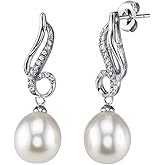 THE PEARL SOURCE 9.0-9.5mm Genuine White Freshwater Cultured Pearl & Cubic Zirconia Romance Earrings for Women