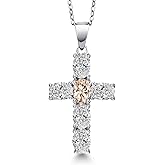 Gem Stone King 925 Sterling Silver Lab Grown Diamond and Peach Morganite Cross Pendant Necklace for Women | 2.50 Cttw | Gemstone April Birthstone | Oval 6X4MM | With 18 Inch Chain