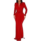 Memoriesea Women's Elegant Long Sleeve Deep V Neck Bodycon Party Evening Gown Maxi Dress