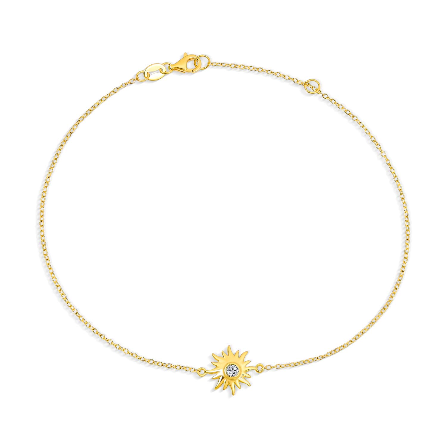 Bling Jewelry Sunburst Sun Shape Beach CZ Accent Anklet Ankle Bracelet For Women Gold Plated .925 Sterling Silver Adjustable 9 To 10 Inch With Extender