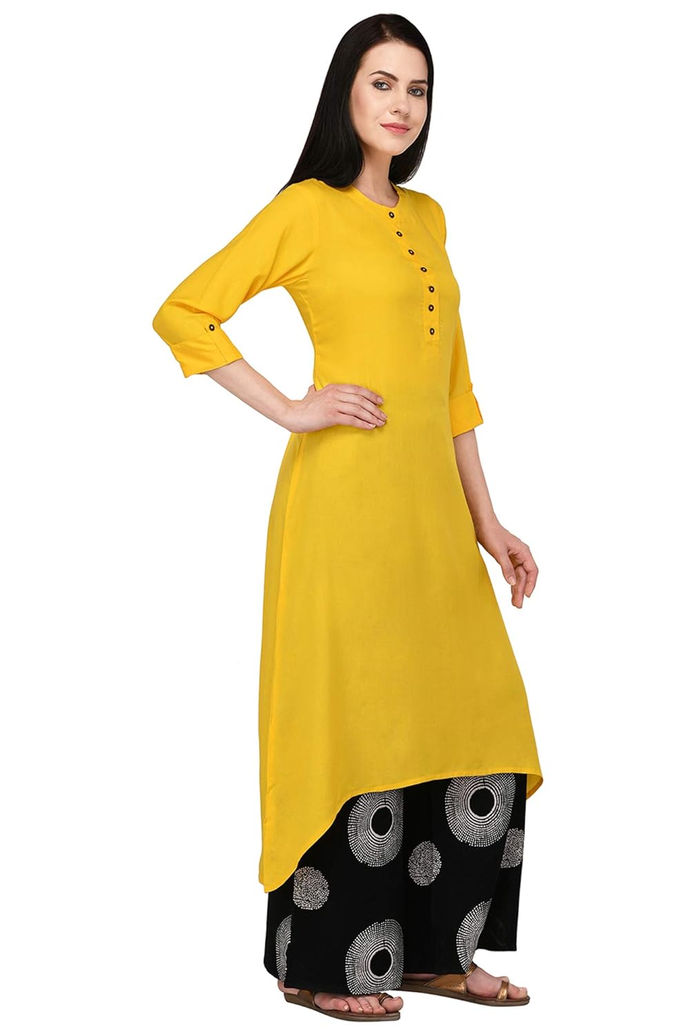 pistaa's women's viscose yellow high low kurta with printed palazzo set