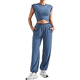 SUUKSESS Women 2 Piece Matching Lounge Workout Sets Outfits Sleeveless Cropped Tops Summer High Waisted Wide Leg Pants