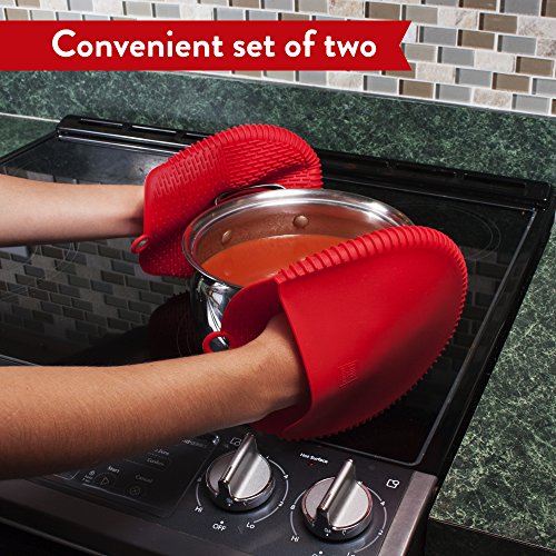 The Ultimate Pot Holders / Oven Mitts | 100% Silicone Mitt is Healthier Than Cotton & Easier to Clean, Won't Grow Mold or Bacteria | Unique Design Makes it Safe, Non-Slip, Flexible (Coral Red, 1 Pair) - Thumbnail 3