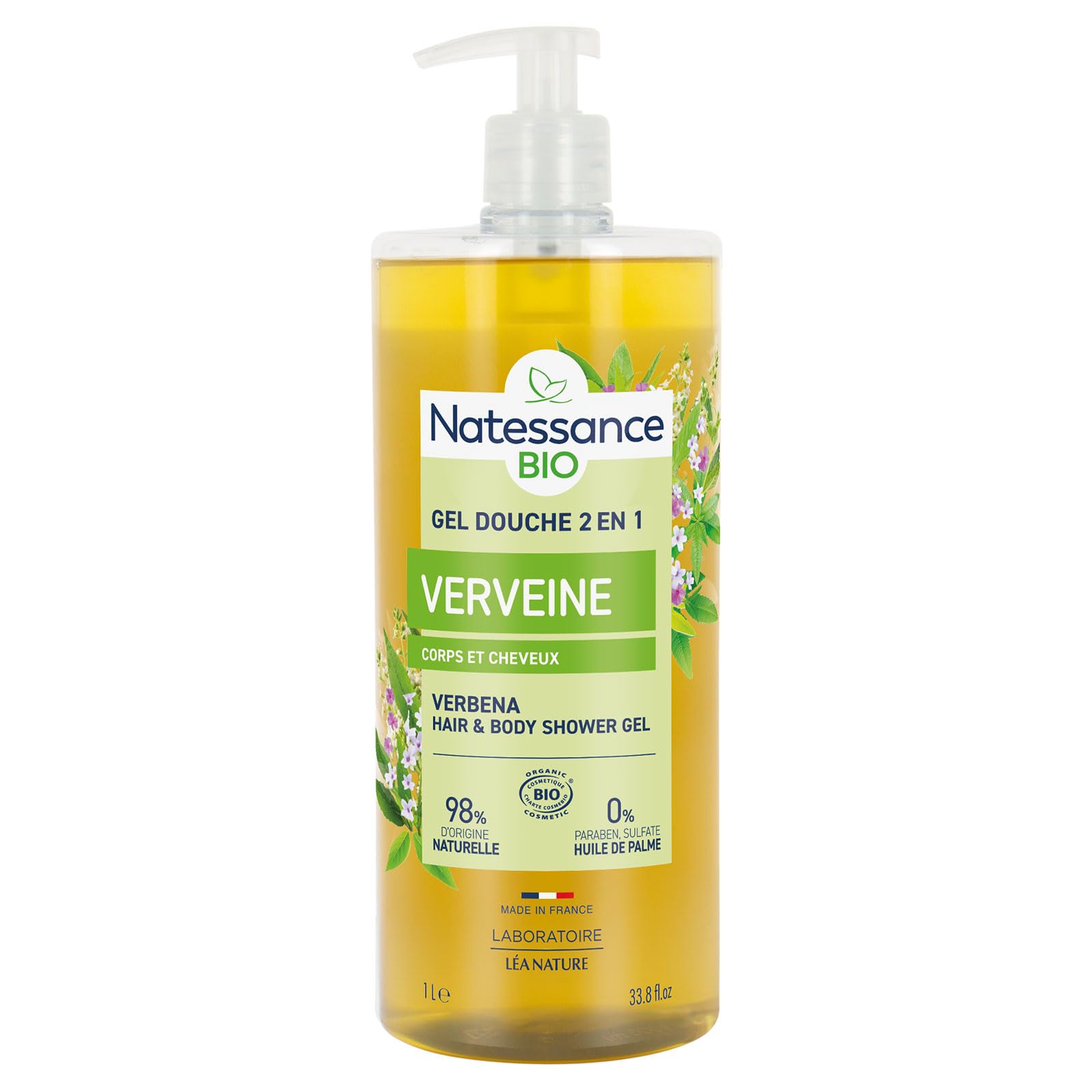 Natessance Organic Cosmetic Bio Sulphate Lemon Verbena Shower Gel, 1 Litre