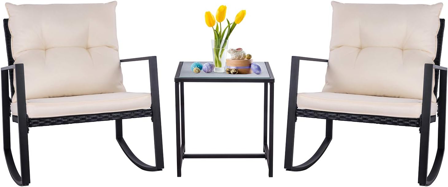 Shintenchi Outdoor 3 Piece Rocking Bistro Set, Wicker Patio Outdoor Furniture Porch Chairs Conversation Sets with Glass-Top Coffee Table for Backyard Porch Poolside Lawn, Garden, Black : Garden & Outdoor