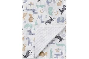 W WELLIFES Super Soft Baby Printed Organic Cotton Infant Throw Blanket with Dotted Plush Velboa Fabric Backing Bedding Sets, Blanket 30" x 40" (Animal World)