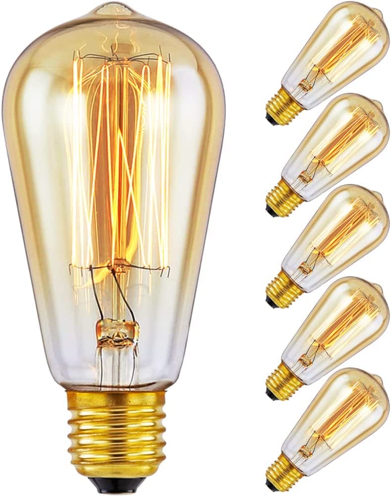 Edison Light Bulbs - Vintage Style E27 Edison Screw Bulb Squirrel Cage - Amber Warm Dimmable - ST64 60W - Pack of 6