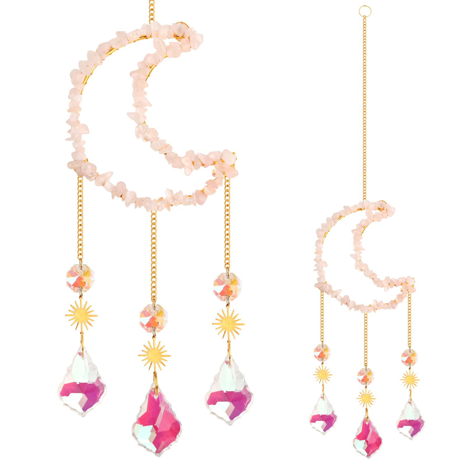 Crystal Glass Sun Catchers Wind Chimes Crystal Prism Suncatchers for Windows Crystal Gold Moon Sun Catchers with Chain Pendant Rainbow Maker Home Decor Hanging for Bedroom Home Garden Gift (Pink)