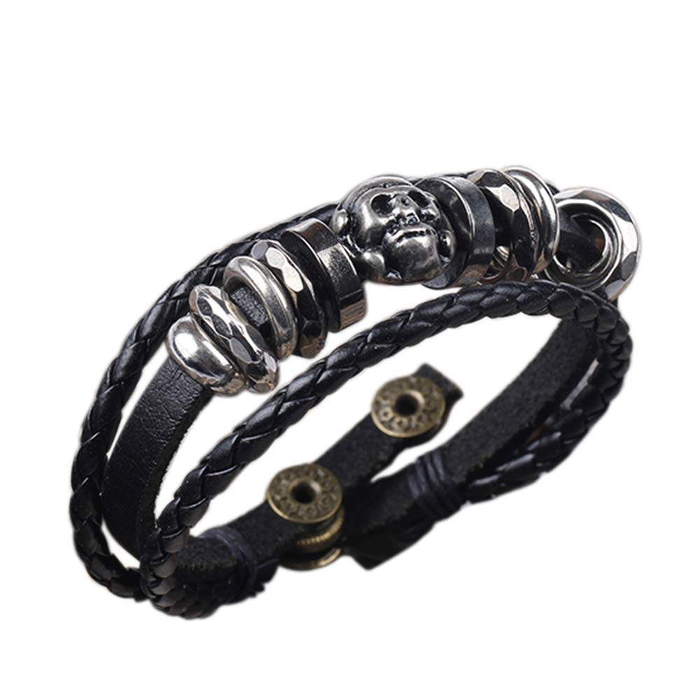BODYA Dark Braided PU Leather Bracelet Triple Band Skull Charm Wrap Bracelet Womens Girls Mens Wristband Bracelets