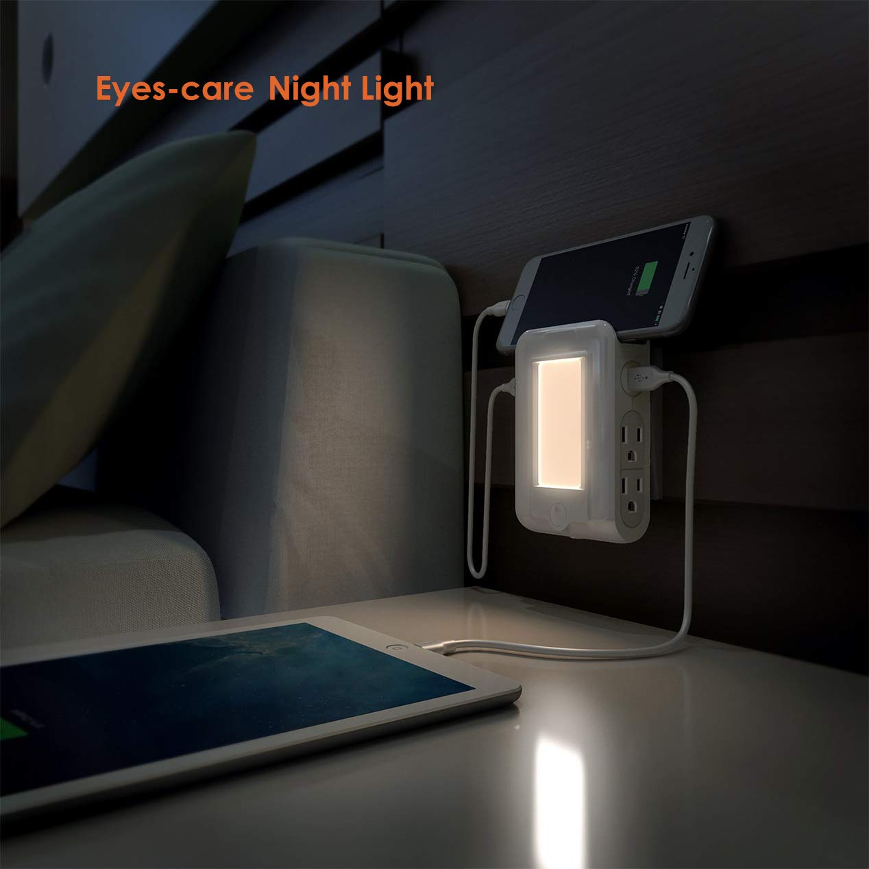 DEYIOU Wall Mount Outlet with Dusk to Dawn Night Light, 2 USB Ports & 4 AC Outlets Charging Station, Power Socket Extender with Phone Holder