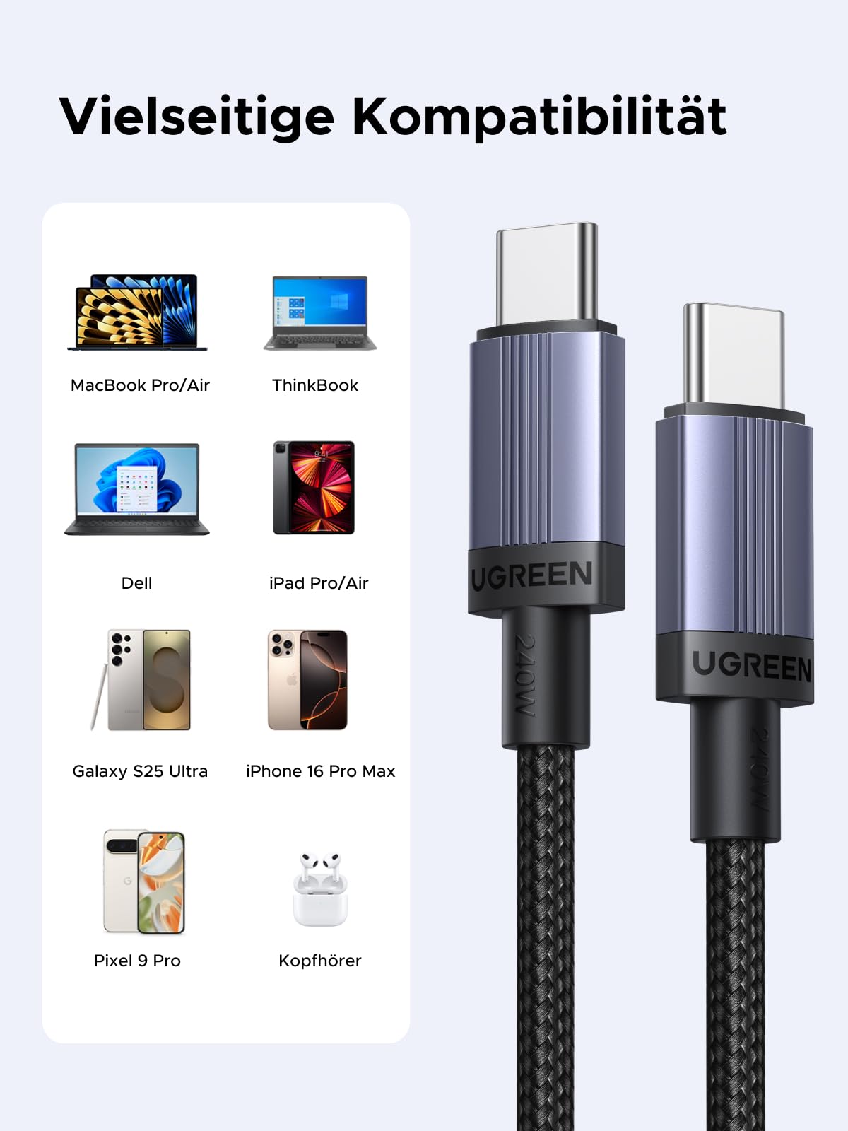 UGREEN USB C Kabel 240W Ladekabel USB-C PD 3.1 Schnellladekabel PPS USB C auf USB C Kabel für iPhone 17/Air/16/15 Serie, MacBook Pro/Air, iPad Pro, Galaxy S25, Pixel, XPS, Steam Deck usw（2M 2 Stück 4