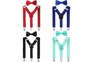 kilofly 4 Sets Boys Pre-tied Adjustable Neck Bow Ties + Elastic Suspenders Pack