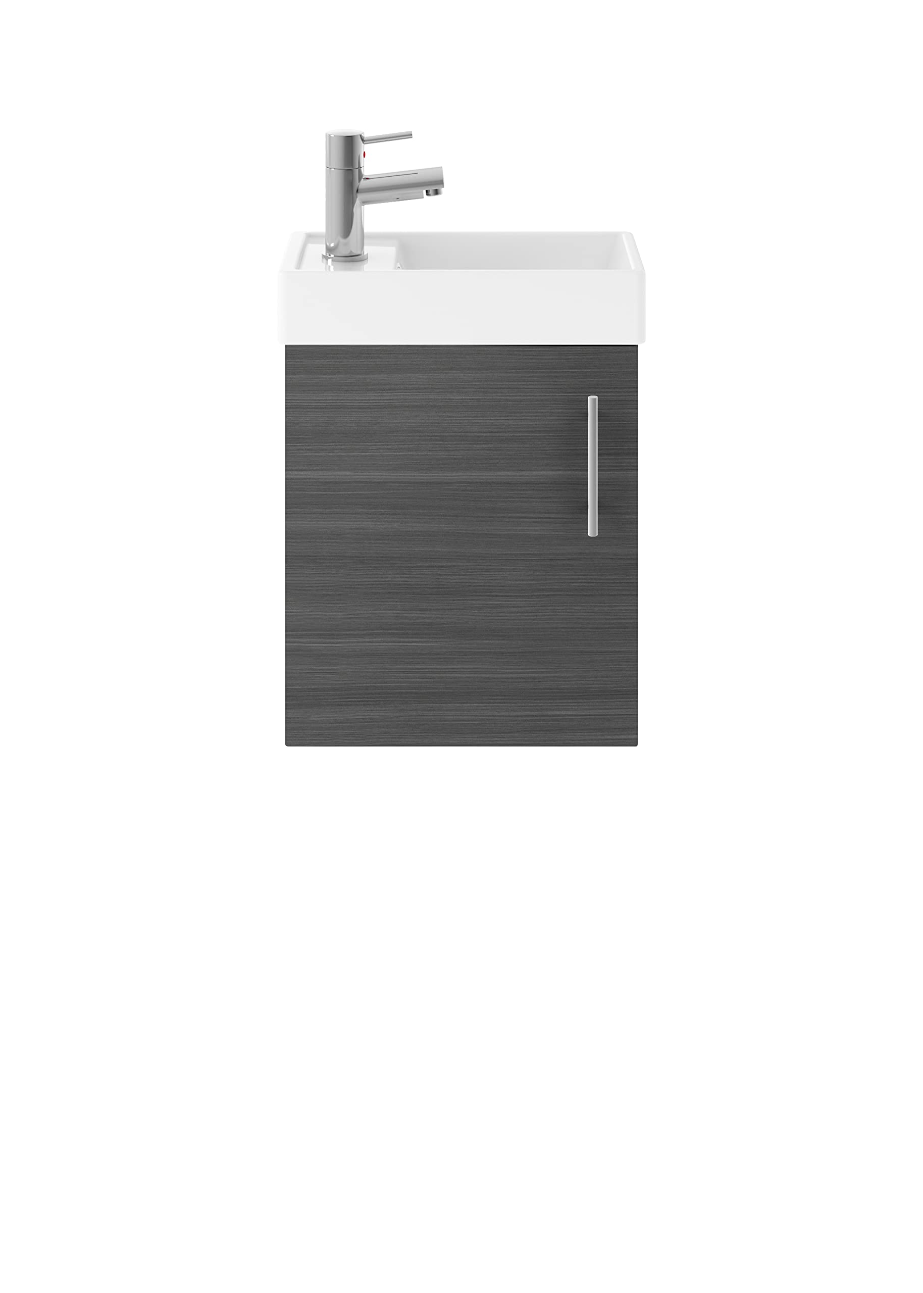 Nuie MIN009 Vault Modern Bathroom Single Soft Close Door Wall Hung Vanity Unit with 1 Tap Hole Ceramic Basin, 400mm, Woodgrain Anthracite
