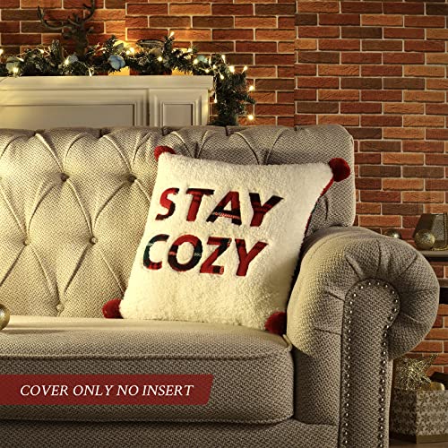 Cozy Bliss 1pcs Buffalo Plaid Throw Pillow Covers 18x18 Inches Christmas Pillow Covers , Embroidered Stay Cozy Decorative Throw Pillow Covers for Holiday Home Decor (Stay Cozy, 18