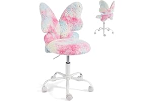 HOMREST Kids Desk Chair with Wheels,Cute Fluffy Desk Chair for Girls with Butterfly Back,Adjustable Seat Height, Faux Fur Swivel Vanity Chairs for Children Bedroom & Reading Room, Study/Vanity,Colorful Pink