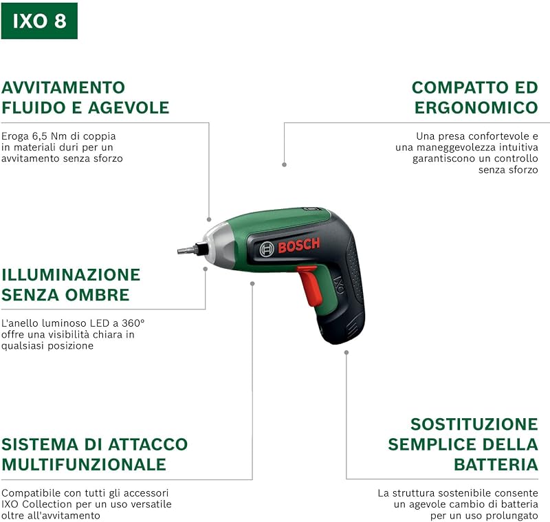 IXO8 Cacciavite a batteria (incl. adattatore angolare, set di 10 bit e batteria, in scatola di cartone)
