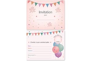 Lot de 15 cartes Invitation Anniversaire Enfant - Avec Enveloppes - Format 5.5 x 4.25 pouces - Design rose fille avec ballons