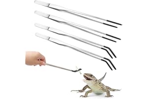 OLUTACOT 4 Pcs Extra Long Stainless Steel Reptile Feeding Tongs Rubber Tip Bearded Dragon Aquarium Straight and Curved Long Tweezers Terrarium Feeder Tool for Tank Pet Supplies(Silver, 10.5 Inch, 10.63 Inch)