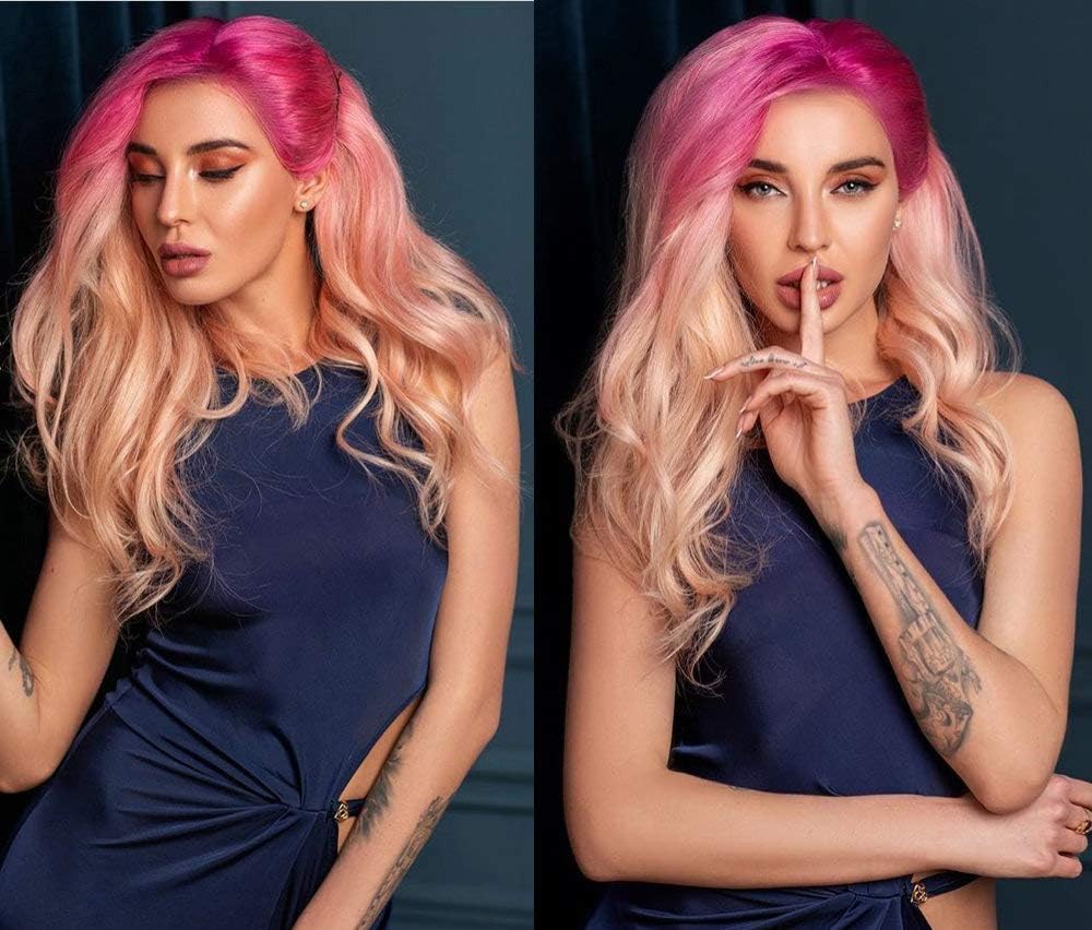 Ombre Strawberry Blonde Synthetic Lace Front Wigs for Women Rock Rose Red Ombre Golden Blonde Heat Resistant Fiber Lace Wigs Daily Wear Cosplay Drag Queen Wig 24"